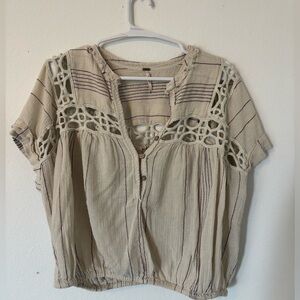 Free People Cream Stripe Crochet Yoke Short Sleeve Top